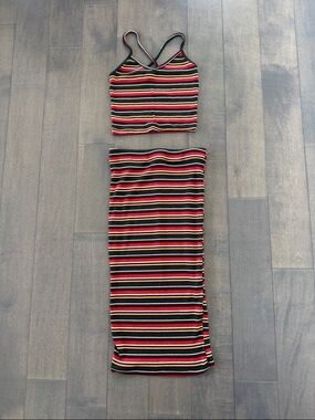 Striped Ribbed Two-Piece Set — Red, Black, Green